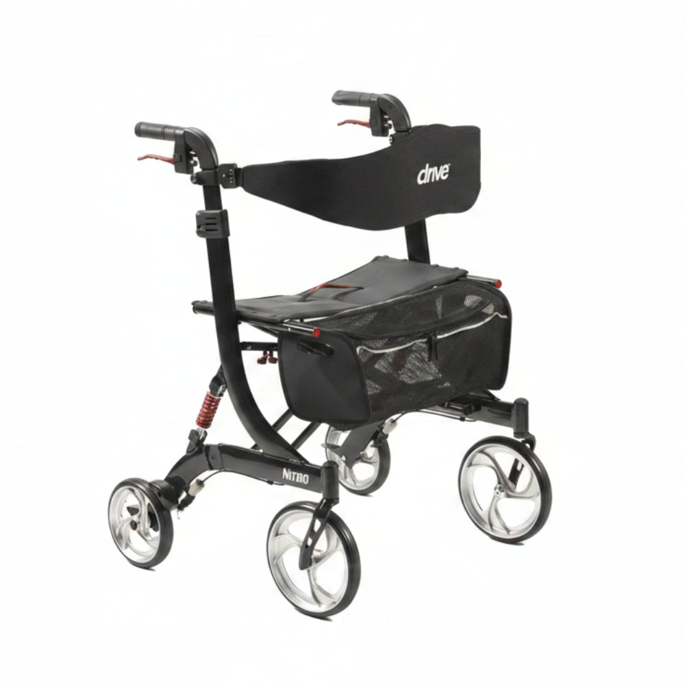 Full angled view of the black Drive Euro Style Nitro HD Heavy Duty Walker Rollator, featuring a reinforced frame, large 10-inch front wheels, and a removable zippered storage bag.