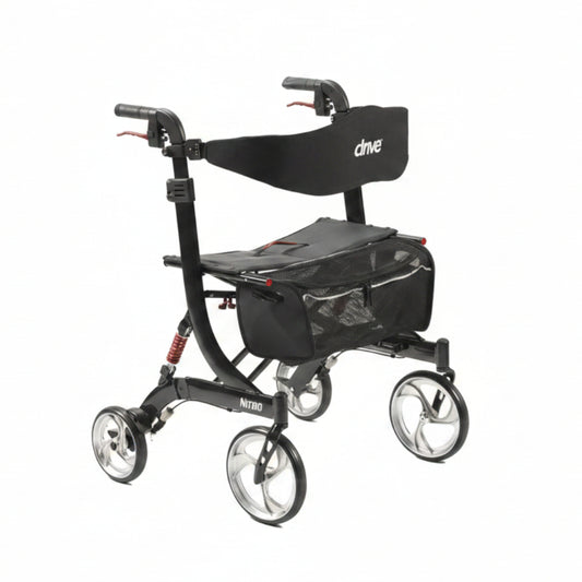 Full angled view of the black Drive Euro Style Nitro HD Heavy Duty Walker Rollator, featuring a reinforced frame, large 10-inch front wheels, and a removable zippered storage bag.