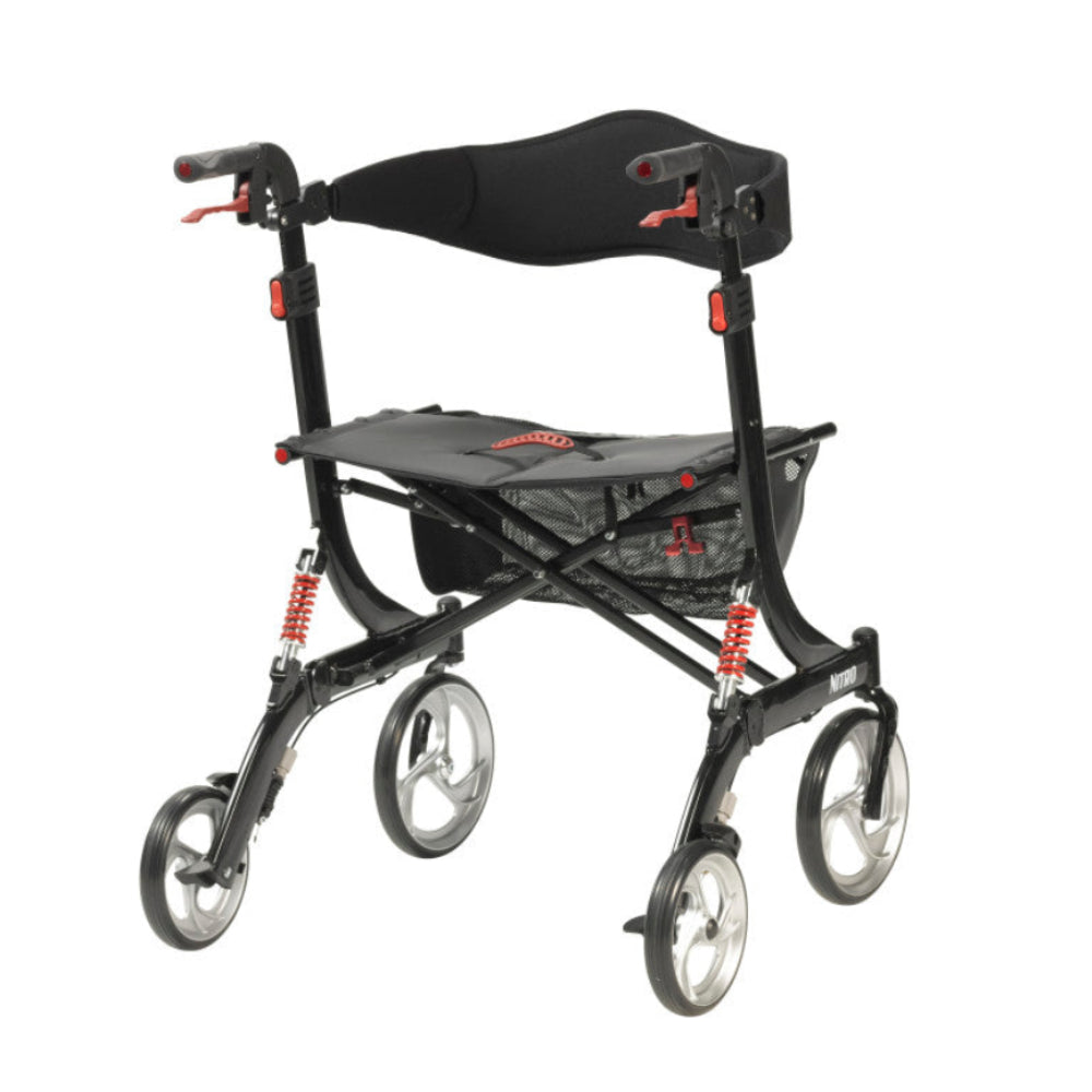 A full rear view of the bariatric rollator showing the wide walking space and the backrest strap.