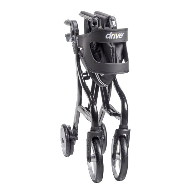Folded black Drive Nitro Sprint rollator walker standing upright with front storage bag attached on a white background.