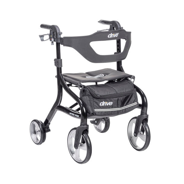 Black Drive Nitro Sprint rollator walker with four wheels, seat, contoured backrest, and front storage pouch on a white background.