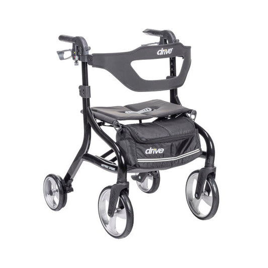 Black Drive Nitro Sprint rollator walker with four wheels, seat, contoured backrest, and front storage pouch on a white background.