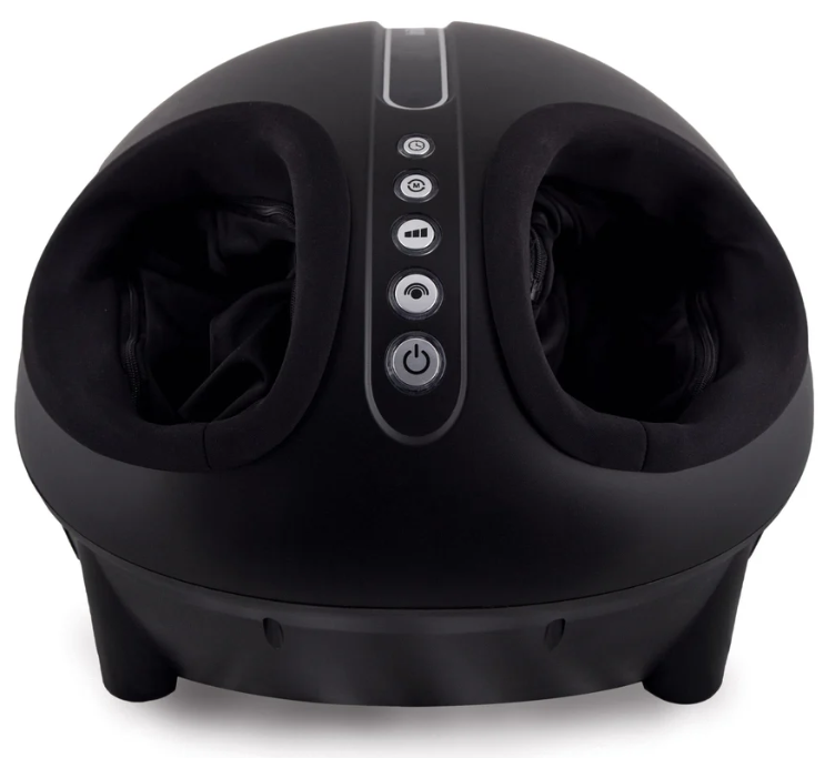 Black electric foot massage device featuring a top control panel with buttons and fabric foot slots on a white background.