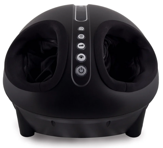Black electric foot massage device featuring a top control panel with buttons and fabric foot slots on a white background.
