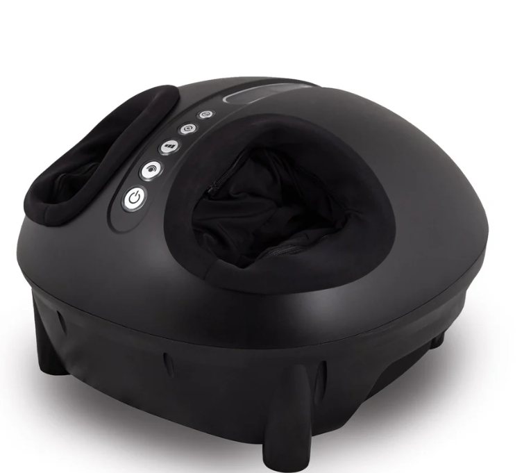 Black electric shiatsu foot massager with top control buttons and fabric foot slots on a white background.