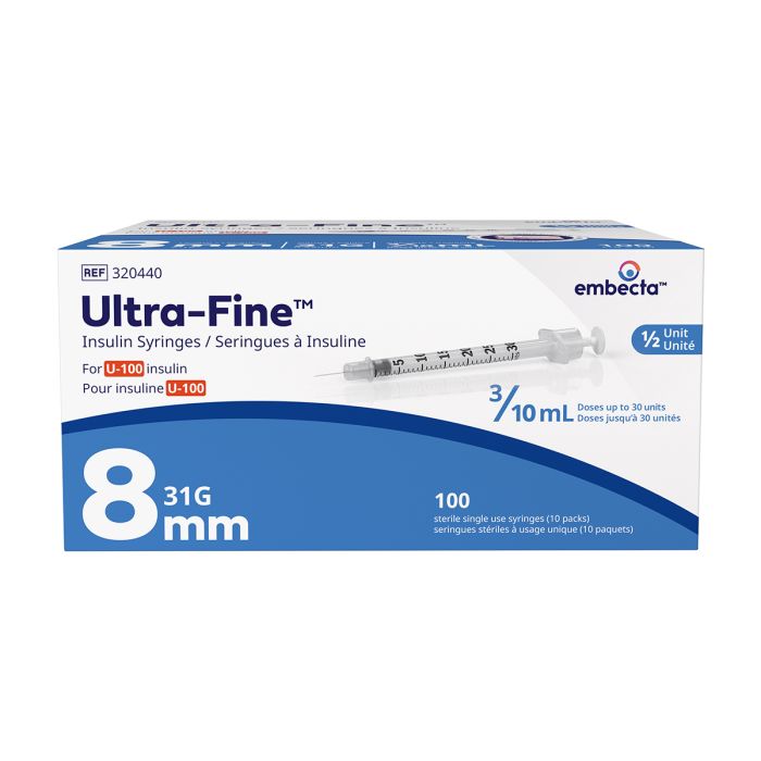 Box of Embecta Ultra-Fine insulin syringes, 31 gauge, 8mm needle length, 3/10 mL capacity, containing 100 sterile single-use syringes.