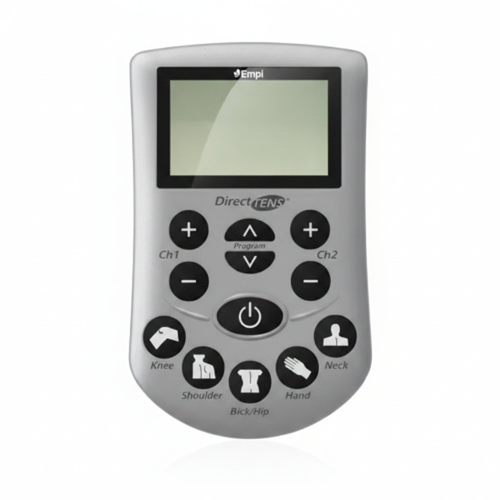 A direct front view of the Empi Direct TENS device, highlighting the digital LCD screen and the easy-to-use tactile control buttons.