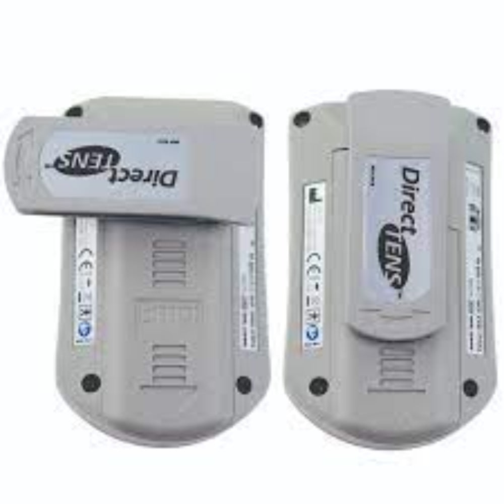 The rear view of the Empi Direct TENS unit, showcasing the sturdy integrated belt clip for hands-free portable use.