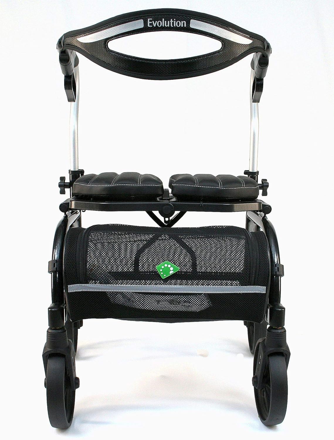 front view of the Evolution Trillium walker highlighting the spacious under-seat storage basket and the wide-set rear wheels for maximum stability.
