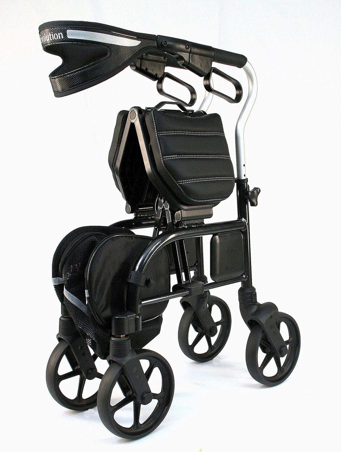 Rear view of the Evolution Trillium walker highlighting the spacious under-seat storage basket and the wide-set rear wheels for maximum stability.