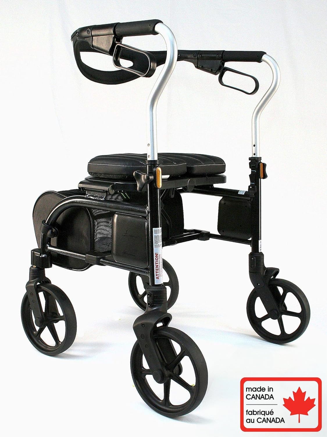A side-angle shot of the Trillium rollator, focusing on the ergonomic handle grips and the "Made in Canada" quality construction.