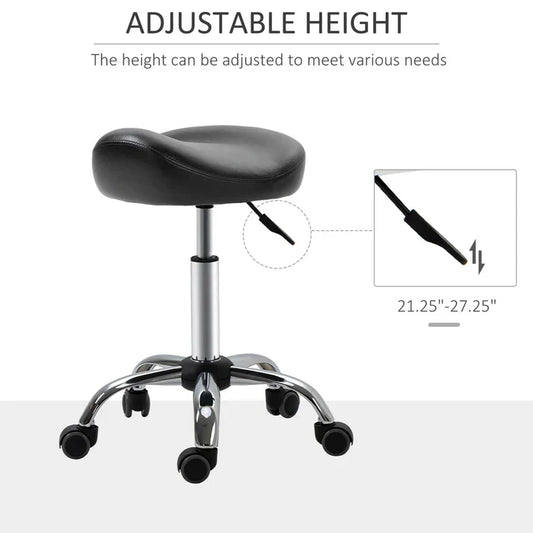 Black ergonomic hydraulic saddle stool with chrome metal star base and rolling casters