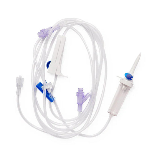 Clear medical IV administration tubing set with drip chamber, roller clamp, Y-injection ports, and luer lock connector on a white background.