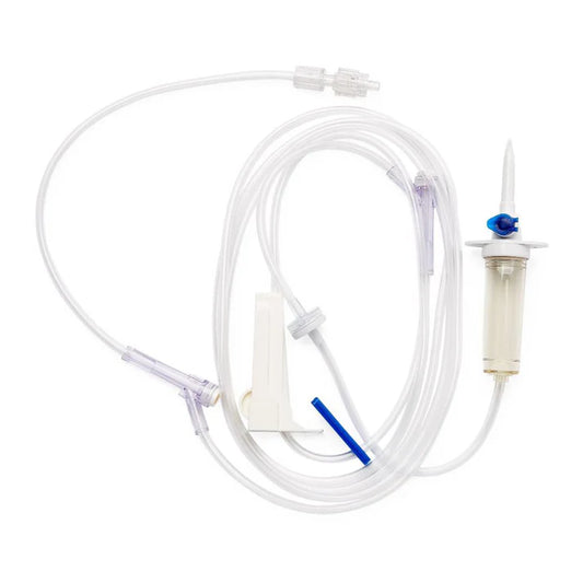 Clear IV administration set with coiled tubing, a blue roller clamp valve, and pre-slit injection ports on a plain white background.