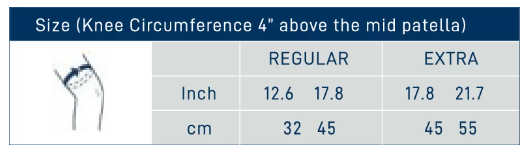 Sizing chart table showing knee circumference measurements in inches and centimeters for regular and extra sizes with a knee diagram.