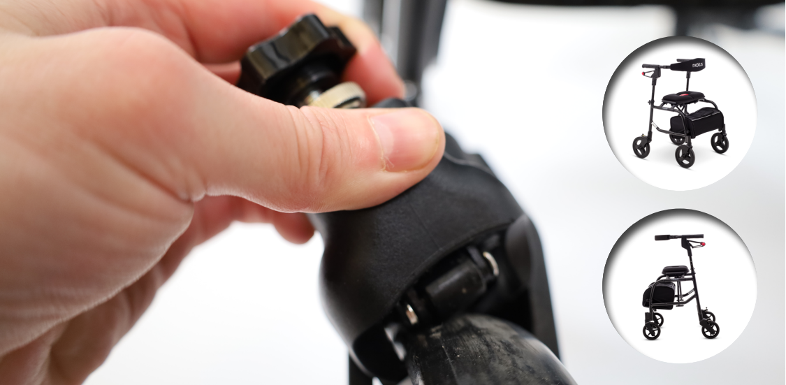 Close-up of a hand adjusting the wheel lock knob on a knee walker scooter alongside circular inset icons of full rollator models.