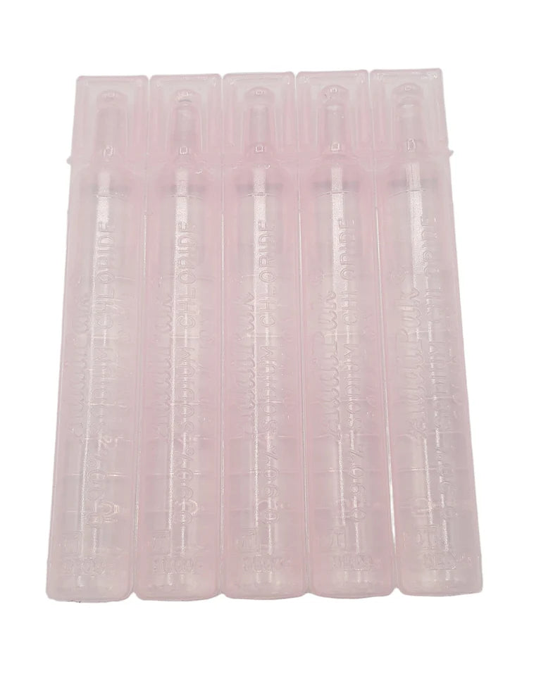 A connected strip of five pink plastic Medline Hudson RCI AddiPak 5 mL unit dose vials of sterile sodium chloride inhalation solution against a white background.