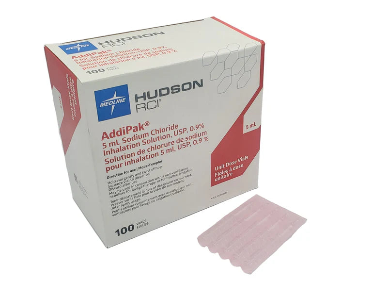 Medline Hudson RCI AddiPak 5 mL 0.9% Sodium Chloride Inhalation Solution retail box displayed alongside a connected strip of pink unit dose vials against a white background.