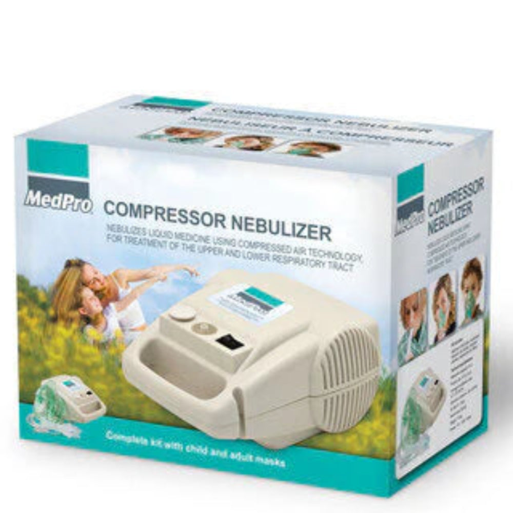 A perspective view of the MedPro nebulizer packaging, showing the full kit contents including masks and air filters.