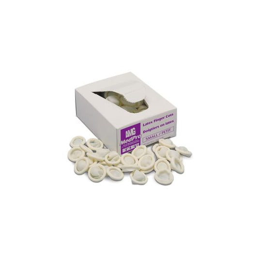 Box of AMG MedPro latex finger cots with individual rolled finger cots