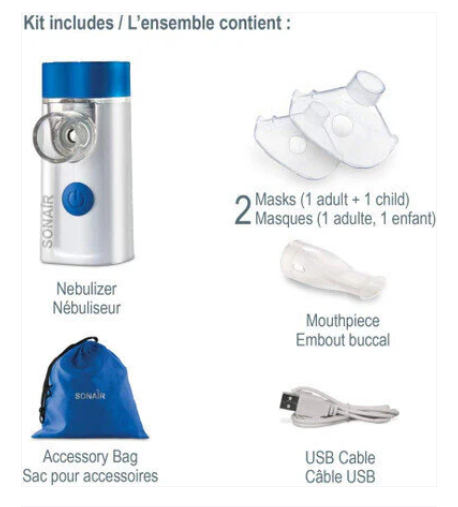 Sonair Ultrasonic Mesh Nebulizer kit contents including device, masks, mouthpiece, pouch, and USB cable