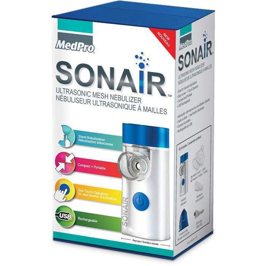 Retail packaging for the MedPro Sonair Ultrasonic Mesh Nebulizer showing device features and accessories
