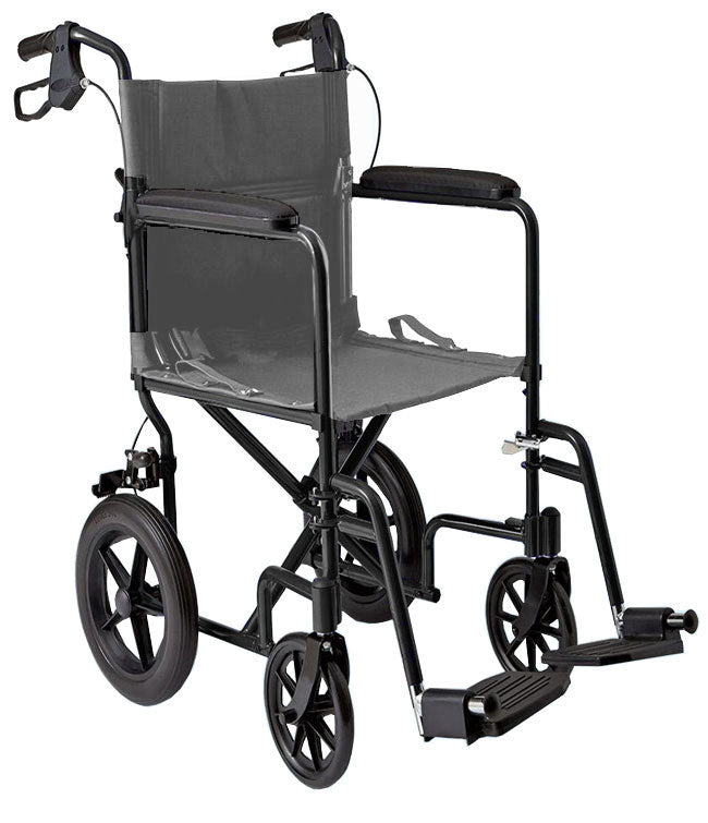 Black lightweight transport wheelchair with attendant hand brakes and swing-away footrests on a plain white background.