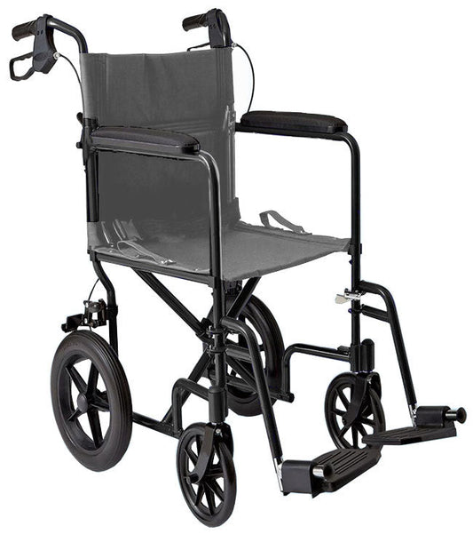 Black lightweight transport wheelchair with attendant hand brakes and swing-away footrests on a plain white background.