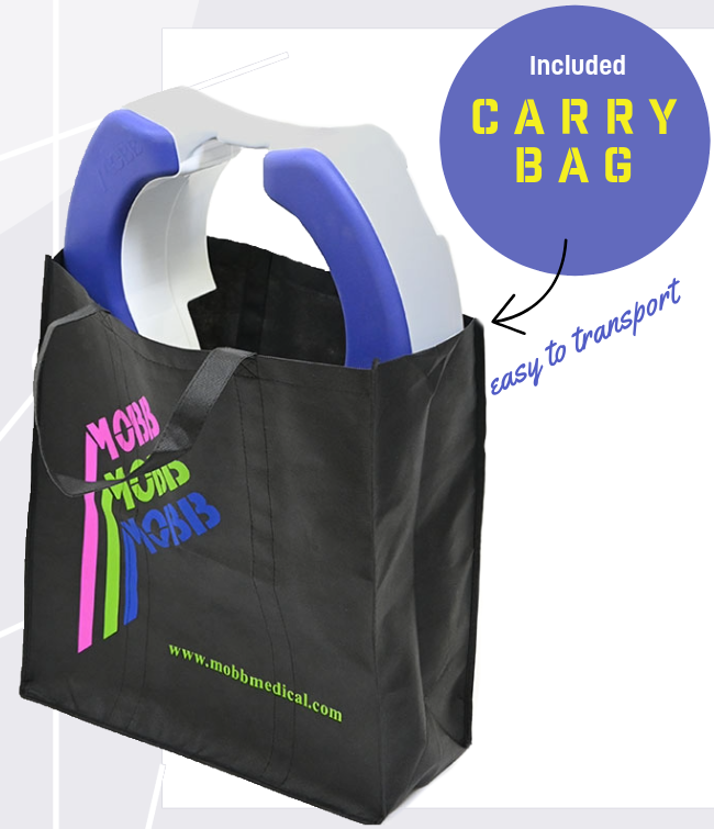 Black MOBB tote bag carrying a blue and white raised toilet seat with Included Carry Bag callout