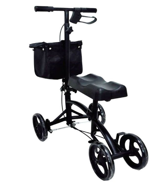 Black MOBB steerable knee walker scooter with padded cushion and detachable front storage basket