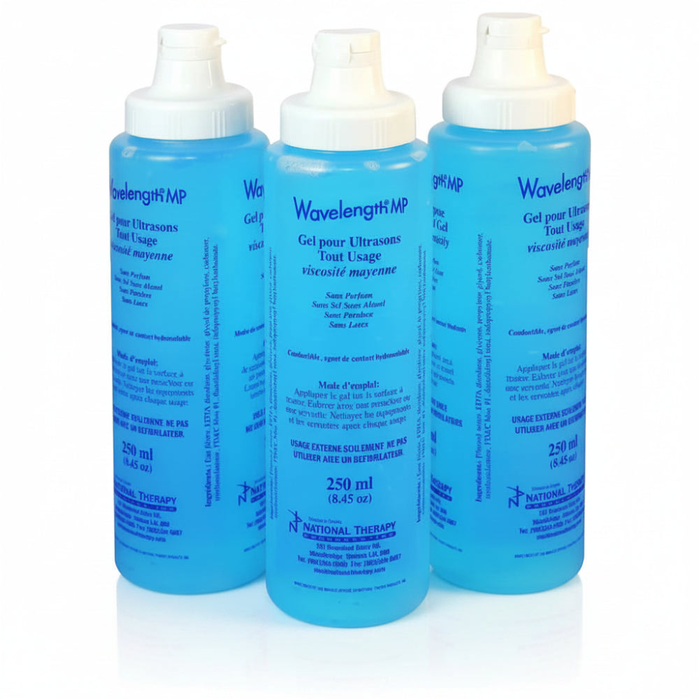 A 3-pack of 250ml blue multi-purpose ultrasound gel bottles, included in the US Pro 2000 bundle for consistent therapeutic transmission.