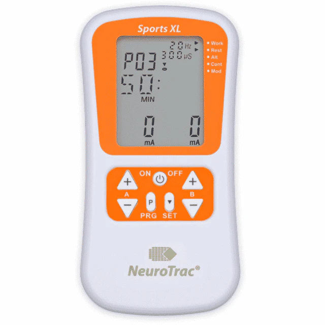 NeuroTrac Sports XL digital dual-channel muscle stimulator and TENS unit with orange faceplate on a plain white background.