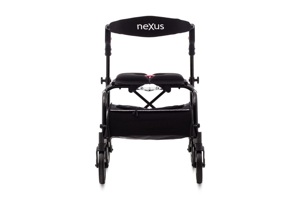 A front-facing view of the NeXus 3 black rollator, highlighting the wide, padded backstrap and ergonomic seat design for user comfort.