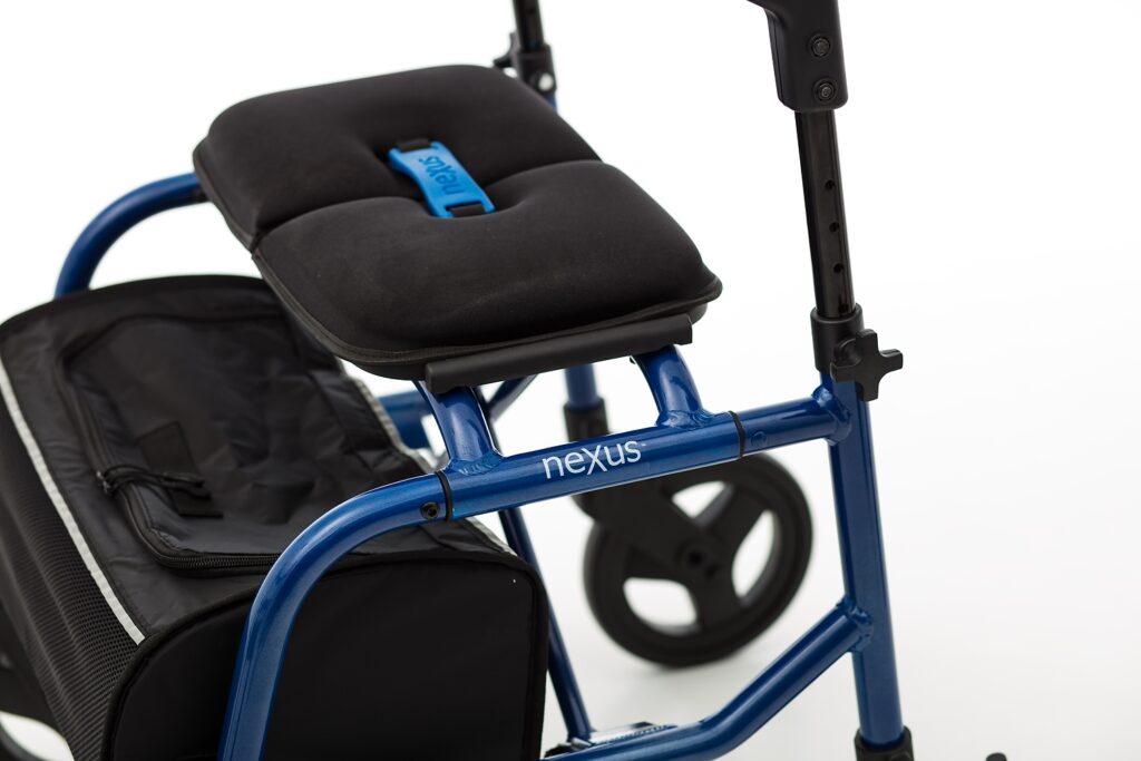 A detailed shot of the Royal Blue NeXus 3 rollator, showcasing the vibrant frame color and the patented internal braking system.
