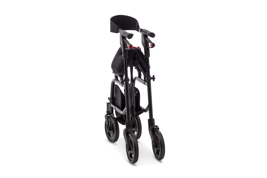 The NeXus 3 rollator in its folded position, demonstrating how it stands independently for easy storage.