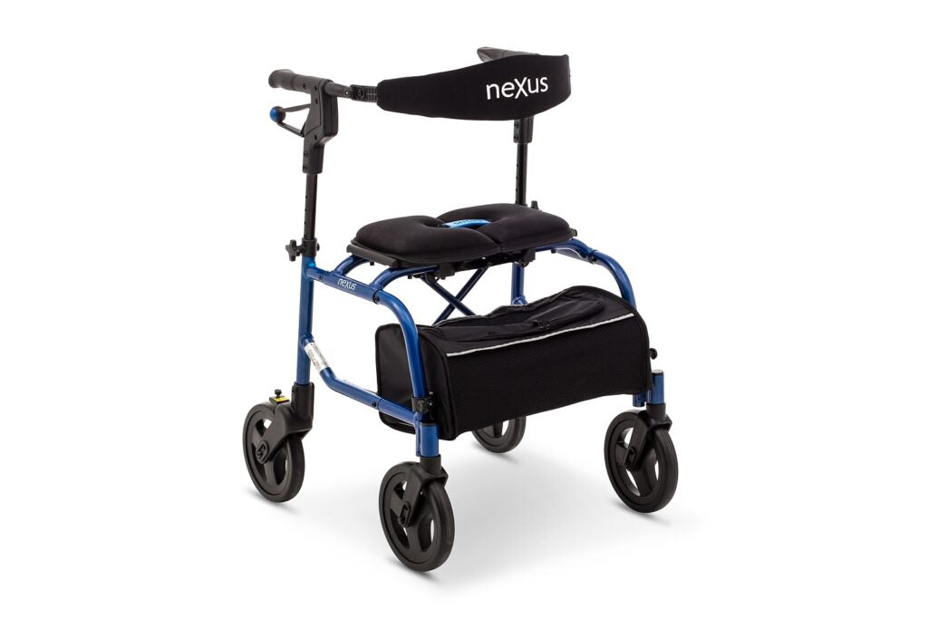 The Nexus 3 rollator showcased in a vibrant royal blue color, highlighting its sleek frame design and high-quality finish.