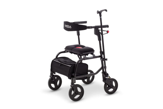 Black Nexus rollator walker equipped with a cane holder attachment, padded seat, storage bag, and four wheels on a white background.