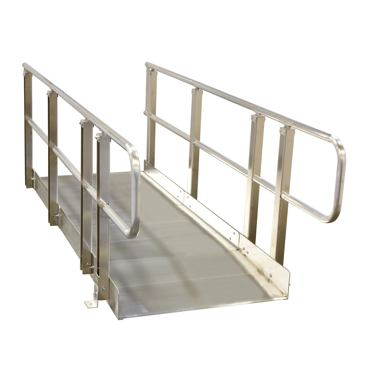Modular aluminum wheelchair ramp with handrails on a plain white background.