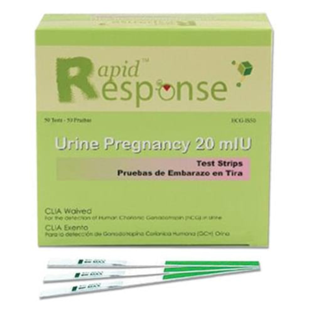A direct front view of the green and white Rapid Response Pregnancy Test Kit box, indicating it is an hCG urine test strip format.