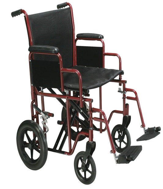 Red heavy duty transport wheelchair with 22 inch wide black seat and swing away footrests