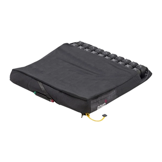 Black ROHO QUADTRO SELECT Low Profile wheelchair cushion shown with a half cover, highlighting the exposed air-cell grid on top.