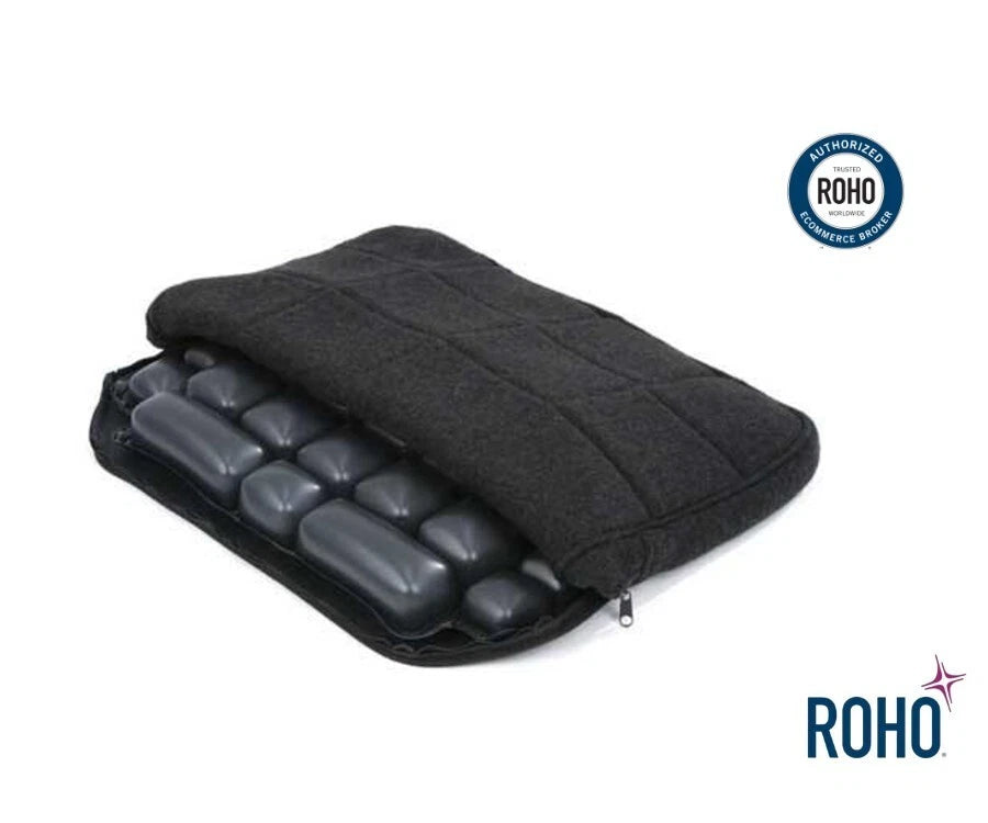 The ROHO LTV cushion shown with its durable black fabric cover, designed to protect the air cells while providing a sleek look for any seating surface.