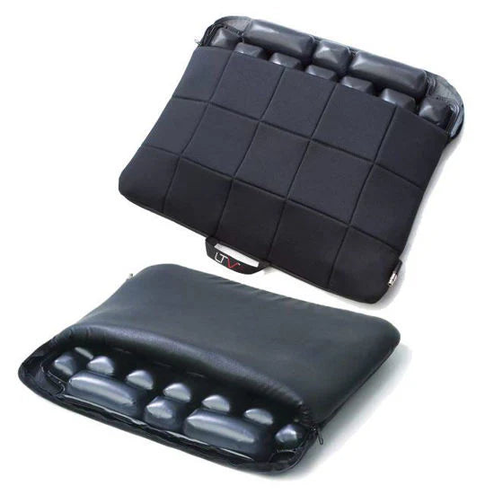 The ROHO LTV cushion shown with its durable black fabric cover, designed to protect the air cells while providing a sleek look for any seating surface.