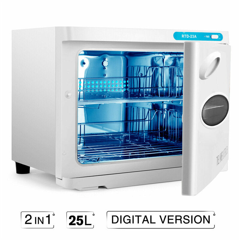 White RTD-23A 2-in-1 25L digital towel warmer cabinet with UV sterilizer light and open door showing interior wire racks.