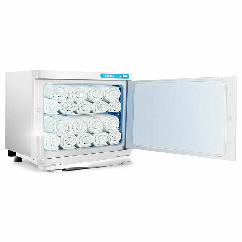 White RTD-23A towel warmer cabinet with open door filled with two rows of rolled white towels on wire racks.
