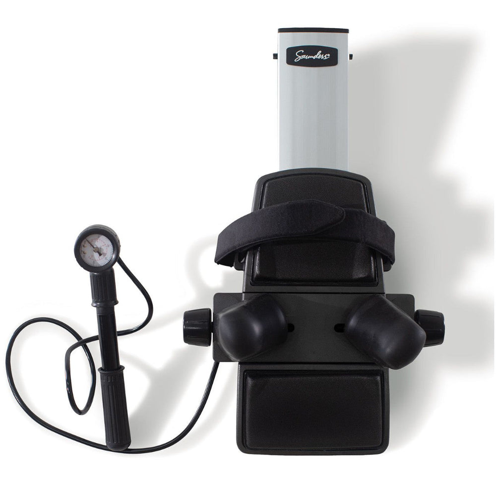 A direct front view of the device highlighting the adjustable self-adjusting neck wedges and the comfortable head strap for secure positioning.