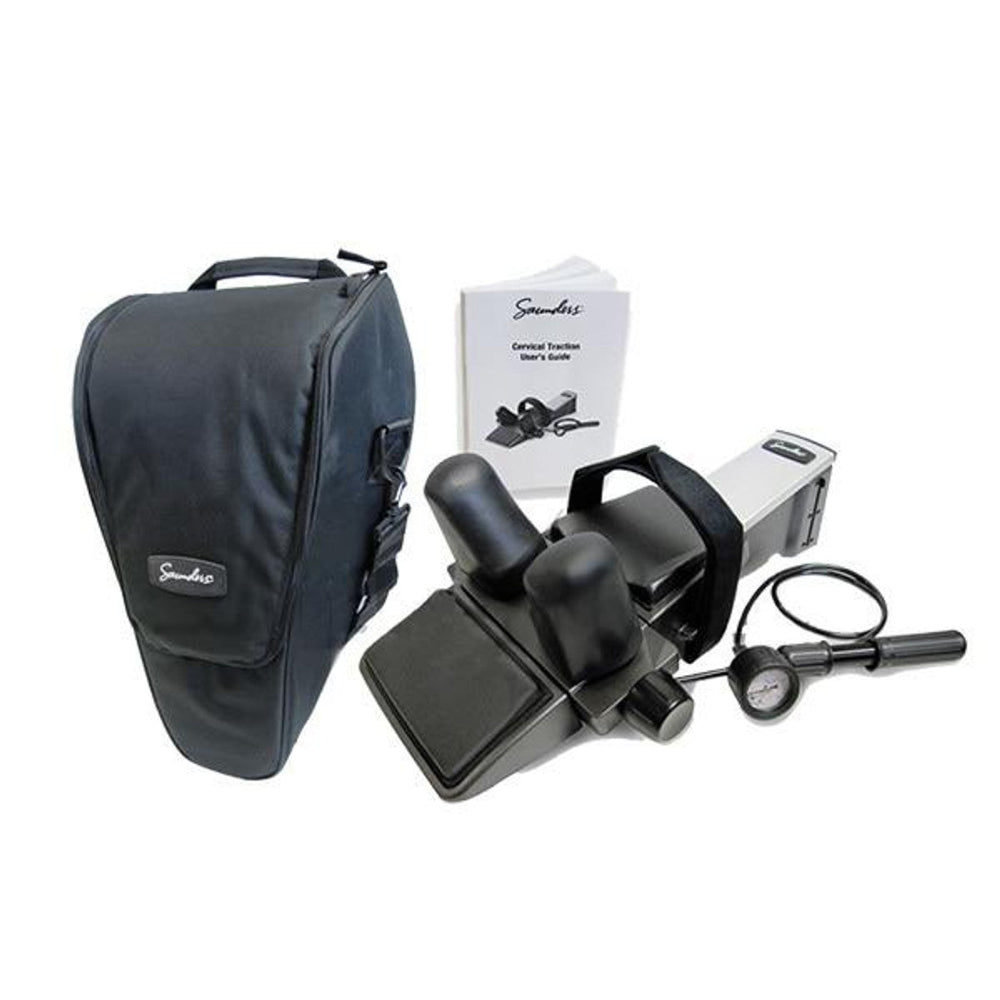 The complete Saunders Cervical Traction kit, including the pneumatic device, hand pump, and a heavy-duty black carrying case for easy transport.