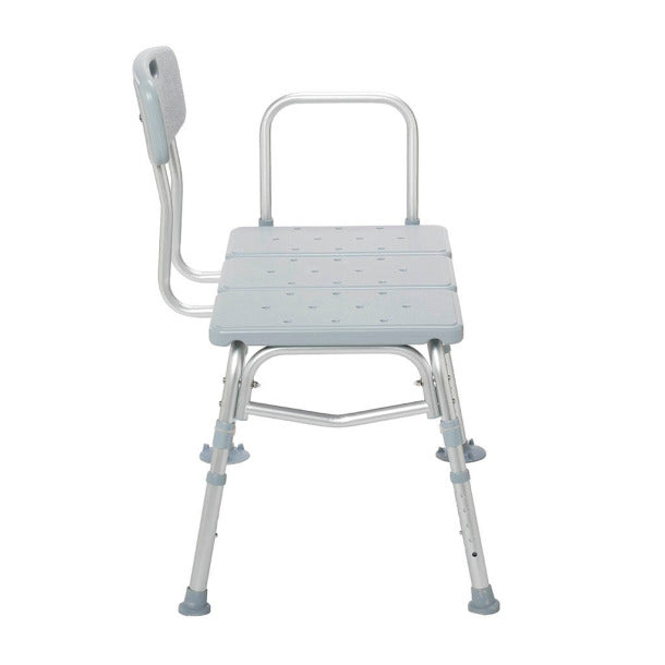 Side view of light grey shower transfer bench with backrest arm handle and adjustable legs