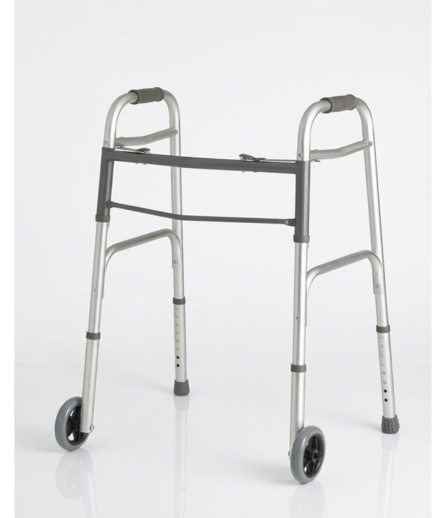 A standalone silver aluminum folding medical walker featuring front wheels and black rubber hand grips, shown on a plain white background