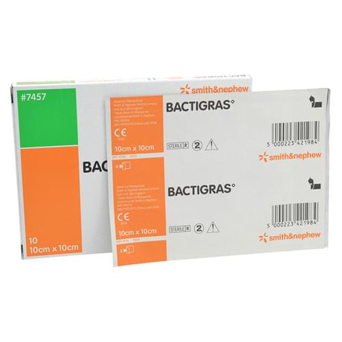 Two boxes of Smith & Nephew Bactigras 10cm x 10cm antiseptic chlorhexidine paraffin gauze dressings